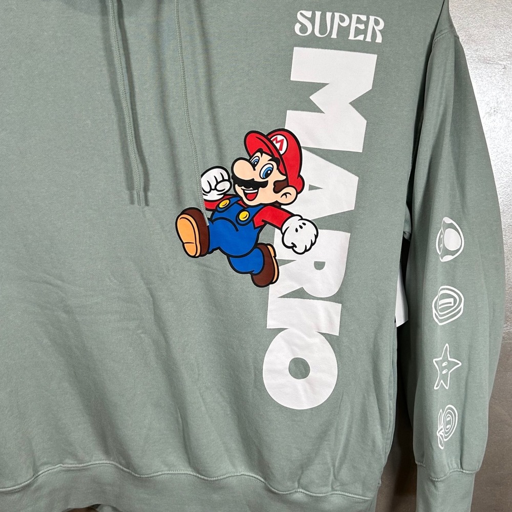 Nintendo Super Mario Graphic Hoodie Sage Green Mens Size XS New With Tags